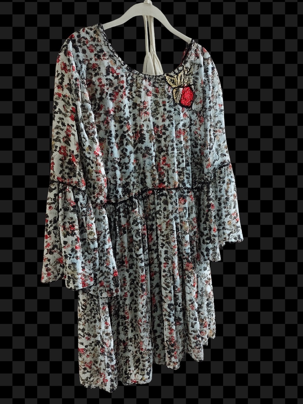 Anthropologie Light Blue Floral Tiered Dress with Red Appliqué